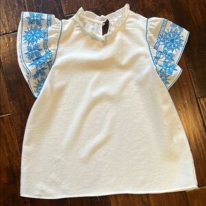 THML White and Blue Embroidered Top